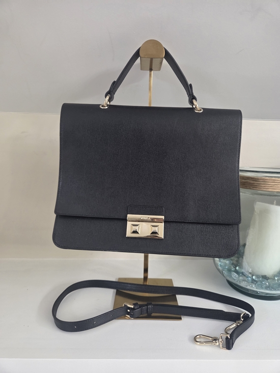 Furla Handbags - Furla Bella M Saffiano Leather Black Top Handle With Crossbody Strap